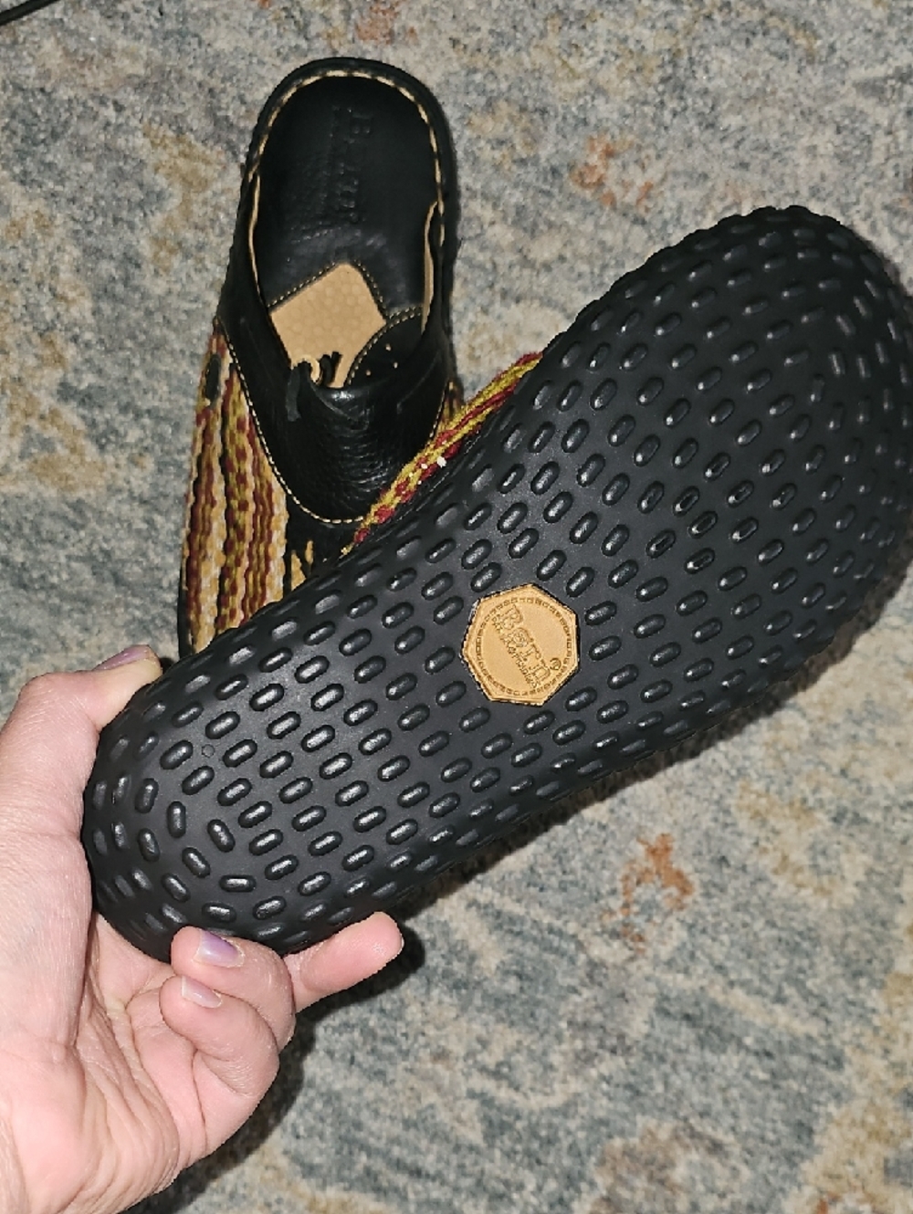 Black Wool and Leather Mules Slides with Multicolor Woven Upper - Picture 3 of 5